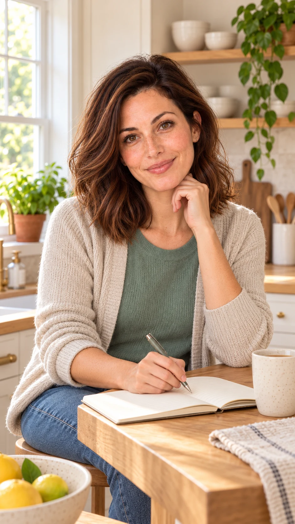 Nora, a fictional AI character, sitting with a planner in a warm home kitchen
